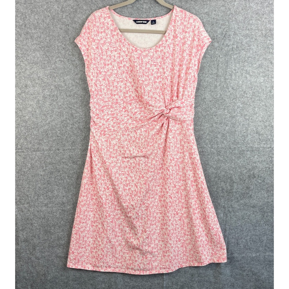 Lands End Knot Dress Womens Large 14-16 Pink Twist Nautical Sailboat Coastal